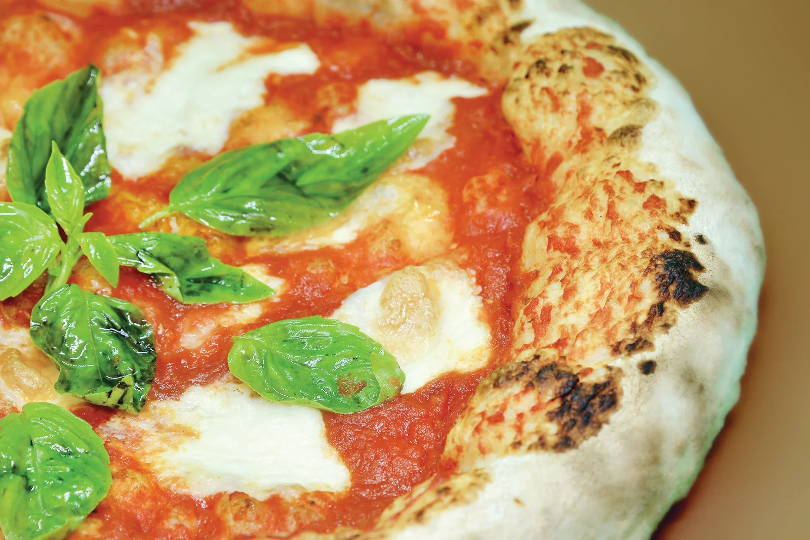 Illustrative wood-fired pizza with basil